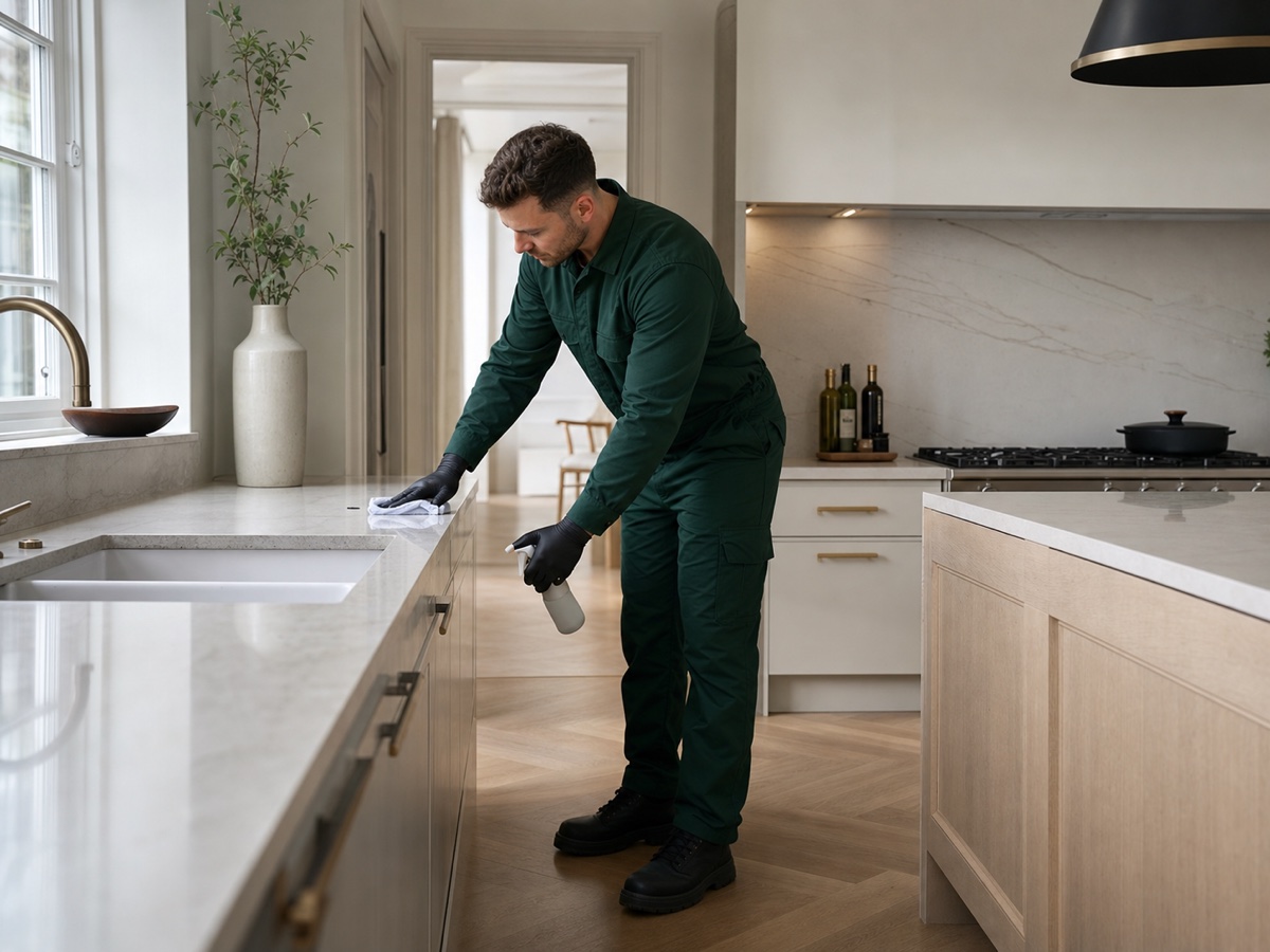 Representative image of a professional cleaner wiping a stone kitchen worktop