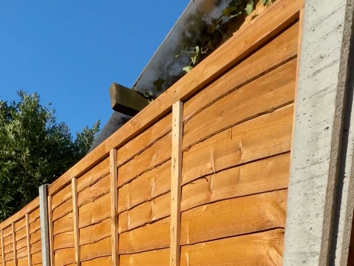Completed run of new timber fence panels between concrete posts